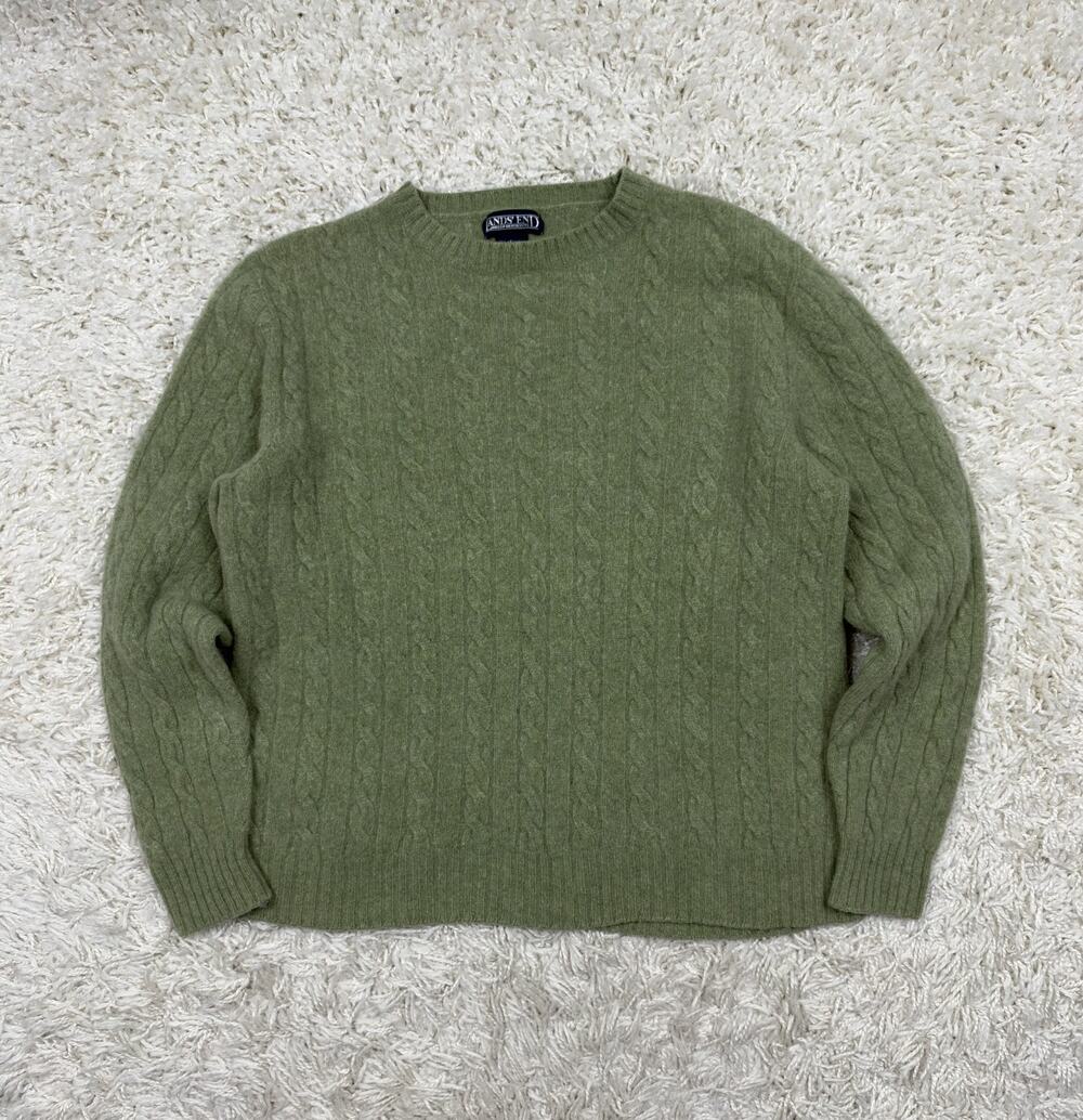 Vintage Lands End Mens Large Wool Cable Knit Crewneck Sweater Green Made in USA